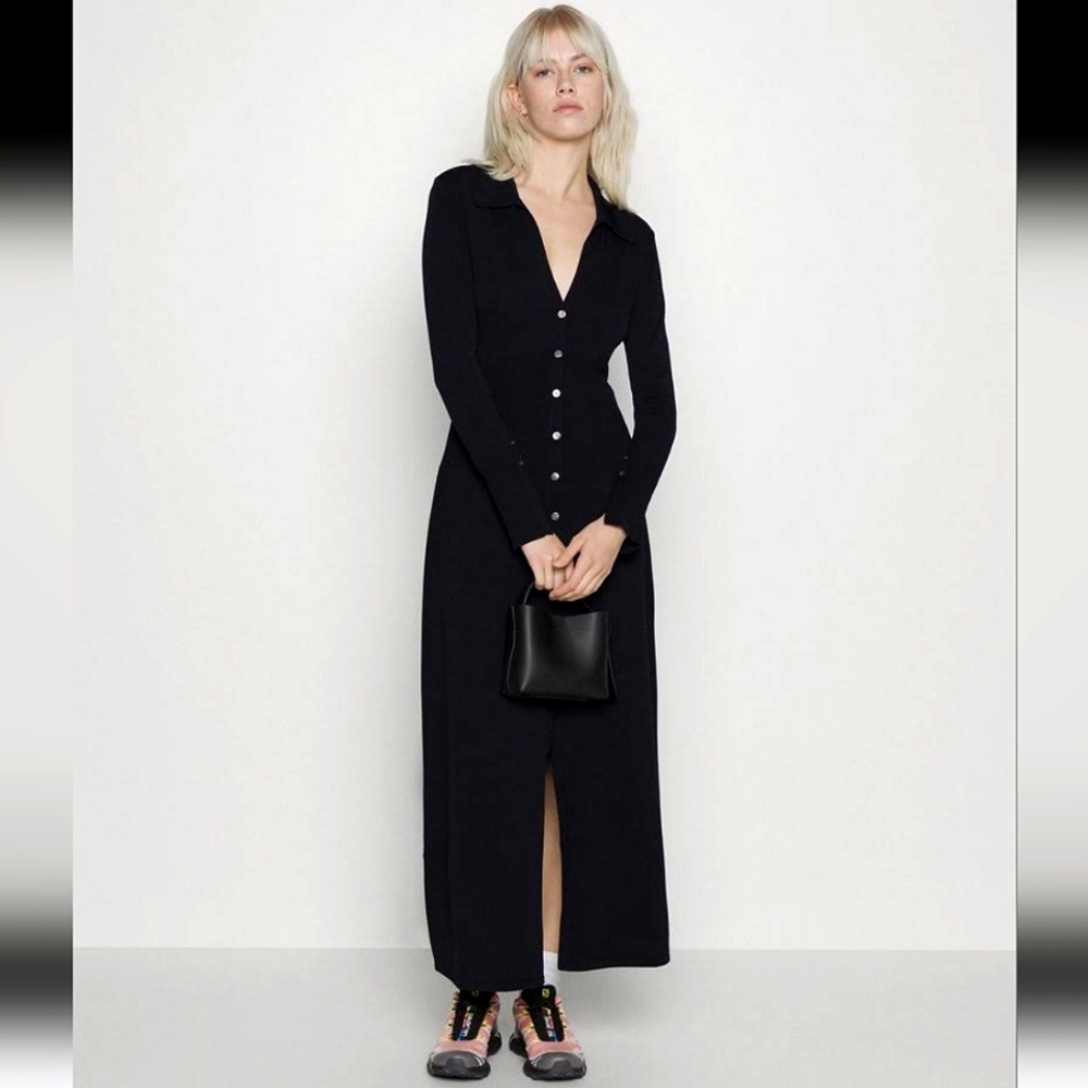 Moda International Black Ribbed Longsleeve Button Front Sweater Midi Dress